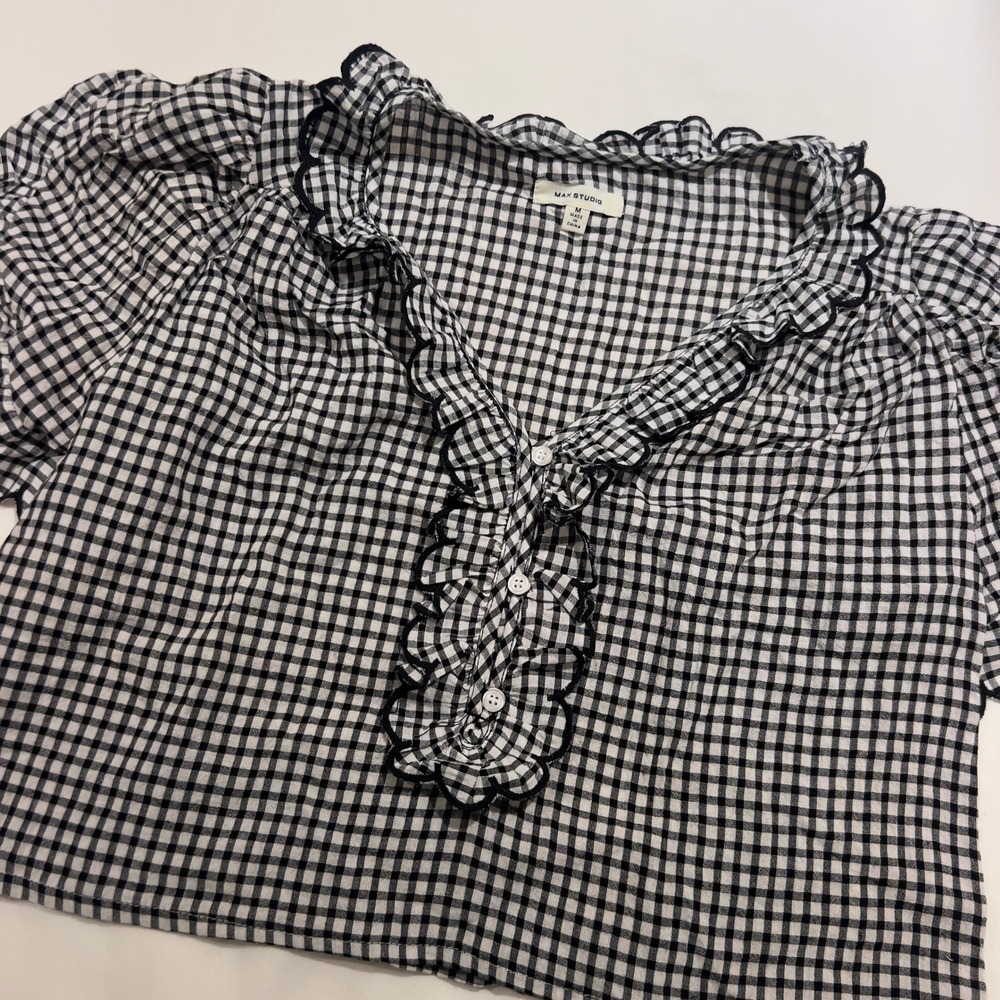 Max Studio Gingham Ruffle Scalloped Reworked Vintage Blouse Black White M